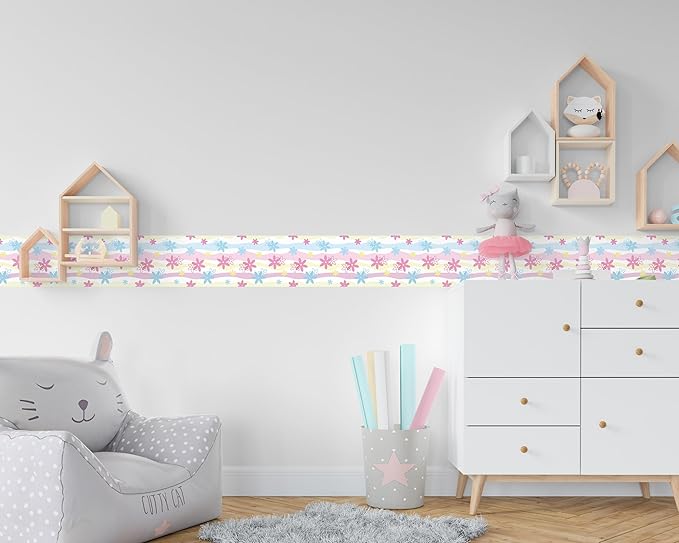 FLFK Wallpaper Border, Rainbow Flowers Peel and Stick Wall Border Self Adhesive Wall Paper Borders for Bedroom Living Room Girl's Room Kitchen Bathroom 7"x240"