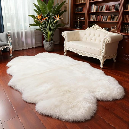 White Faux Fur Sheepskin Area Rug for Living Room Bedroom, 4 x 6 Feet Ultra Soft Shaggy Fuzzy Furry Carpet Chair Throw Large Rugs for Kids, Girls, Nursery Room Decor Dorms