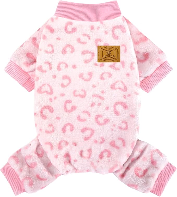 XPUDAC Dog Sweater Leopard Fleece Dog Pajamas for Small Medium Dogs Girl Soft Warm Pet Winter Clothes for Winter Christmas(Pink, Medium)