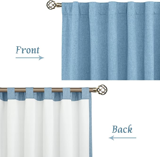 LAMIT 100% Blackout Linen Curtains 63 Inches Long, Linen Textured Living Room Farmhouse Curtains Full Room Darkening Back Tab and Rod Pocket Panels with White Liner, 2 Panels, Blue, 60 x 63 Inch