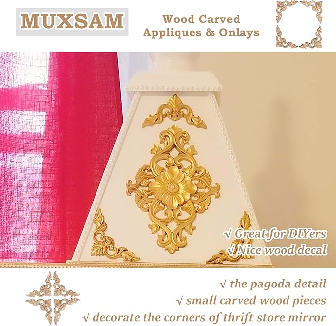 MUXSAM 4Pcs Wood Carved Appliques Onlays, Unpainted Little Wooden Corners Flower Carvings Decals for Mirrors Cabinets Walls Doors Chests Dressers Night Stand DIY Artwork Project, 12x12cm/4.72"x4.72"