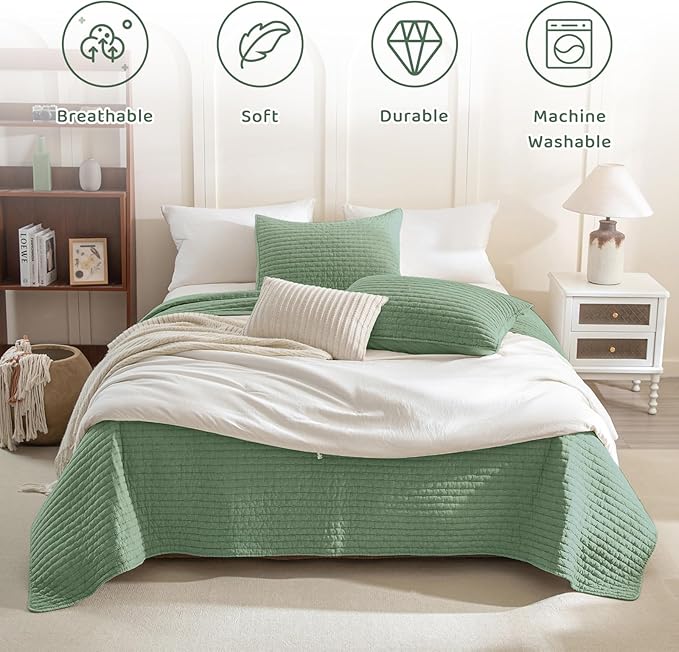 Sanracie Stonewashed Oversized King Quilt(120"x120"), Cotton Green Cross Stitch Pattern California King Quilt Sets 3Pcs Ultra Soft Breathable Crinkle Bed Coverlet Set for All Season