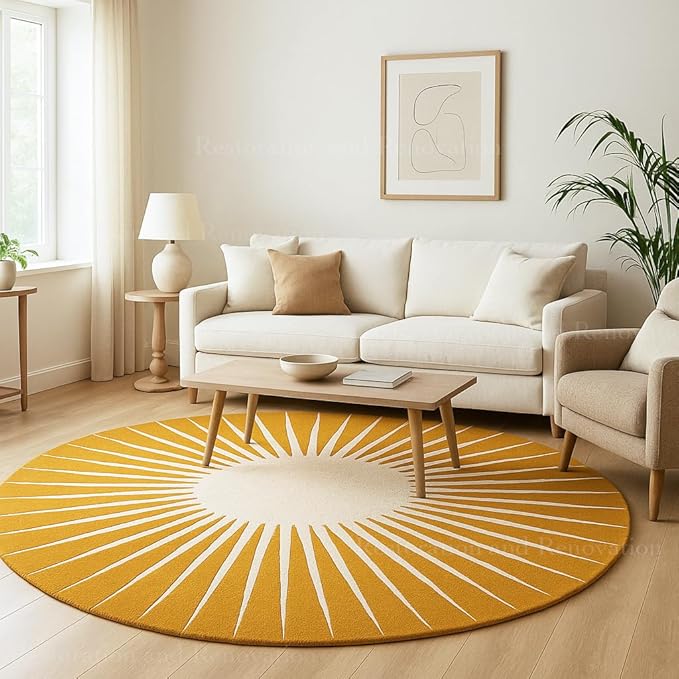 Modern Round Area Rug – Hand-Tufted with 100% NZ Wool, Thick & Soft Circular Carpet for Living Room, Bedroom & Dining Room Decor (Mustard, 10' Round)