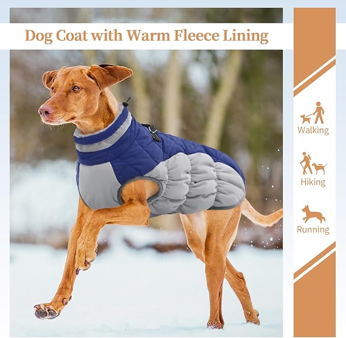 OUOBOB Winter Dog Coat,Large Dog Jacket,Waterproof Pet Jacket with Back Zipper,Pet Coat with Harness Built in,Warm Dogs Coat with Fleece Lined, Snow Jacket Clothes French Bulldog Shiba Inu,Blue,L