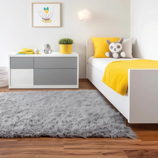 Gray Faux Fur Shaggy Rug - Oversized 6ft x 9ft Super Soft Living Room Carpet - Gray Decor for Bedroom