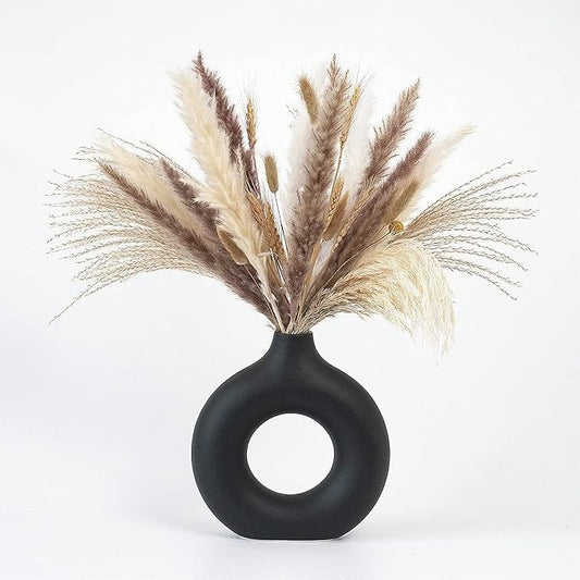 CEMABT Black Donut Vase Hollow Ceramic Vase for Flowers Handmade Minimalist Boho ins Style Modern Home Decor for Wedding Dinner Table Party Living Room Office Bedroom（M