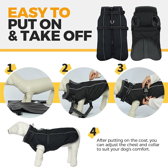 Lelepet Dog Coat for Large Dogs Waterproof Dog Jacket with Harness Built in Reflective Fleece Jacket with Zip Warm Winter Coats for Dogs Cold Weather Thermal Pet Snowsuit, Border Collie, Black, XL