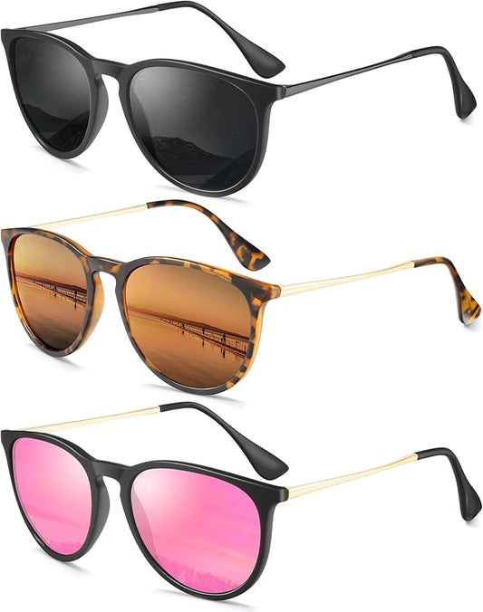 Sunglasses Womens Polarized Sunglasses-Women: Retro Round Sun Glasses with UV400 Protecion Trendy 3 Pack