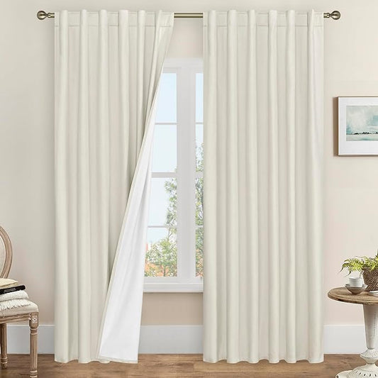 LAMIT Ivory 100% Blackout Linen Curtains, 84 Inch Linen Textured Living Room Farmhouse Curtains Room Darkening Back Tab and Rod Pocket Burlap Neutral Panels with White Liner, 2 Panels, 52 x 84 Inch