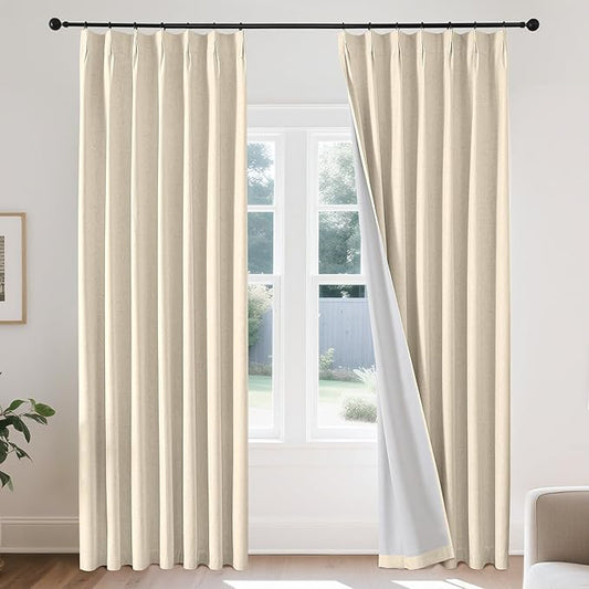 Joydeco Pinch Pleated Linen Curtains for Living Room, 100% Blackout Darkening Curtains 72 inches Length 2 Panel Thermal Insulated Pinch Pleat Drapes(Bleached Sand,40'' Wx72'' L)