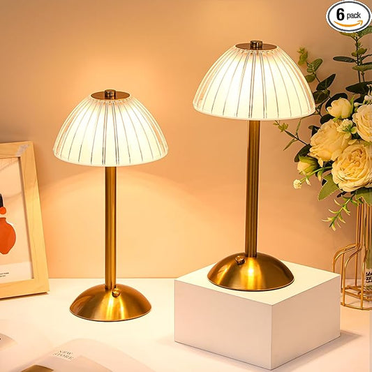 Liliful 6 Pcs Cordless Table Lamp Rechargeable Touch LED Small Gold Portable Battery Operated USB-c Desk Lamp 3 Color Dimmable for Bedroom Living Room Dining (Gold,Mushroom Style)