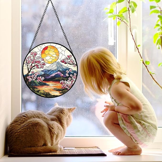 Stained Glass Window Hanging, Sun Blooming Cherry Blossoms Suncatcher Diamond Glass Panel Sun Catchers Decor for Birthday for Women, Men, Wife, Aunt, and Mom 14.9x14.9 in