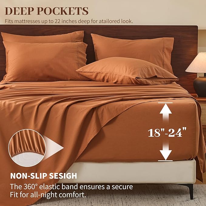MEISHANG 100% French Pure Linen Sheets Queen Size - Extra Deep Pocket Sheet Set, Soft Durable Flax Linen, Anti-Tear Breathable & Oeko-Tex Certified 18-24 Deep Pocket,All Season(Brown)