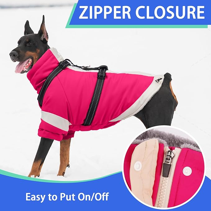 MIGOHI Waterproof Dog Coat with Harness Adjustable Dog Jacket Pet Winter Coat with Zipper,Christmas Small Fleece Jacket for Small Dogs,Extra Long Sleeves Warm Winter Snowsuit for Dogs,M,Rosered