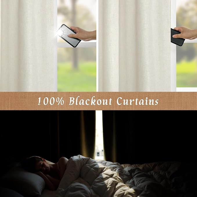 LAMIT 54 Inch Linen Full Blackout Window Curtains for Bedroom, Thermal Farmhouse Curtains Back Tab and Rod Pocket Privacy Protected Burlap Panels with White Liner, 2 Panels, 52 x 54 Inch, Ivory