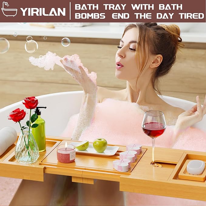 Yirilan Lux Expandable Bathtub Tray Caddy with 3 Bath Bombs-Self Care and Relaxation Birthday Gifts for Women and Men, Housewarming Gift Idea, for Mom Sister Daughter Wife