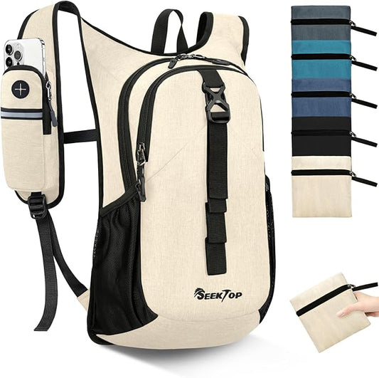 Seektop 15L Small Hiking Backpack for Women Men, Lightweight Hiking Packable Daypack with Phone Pocket for Travel Camping (Beige, 15L)