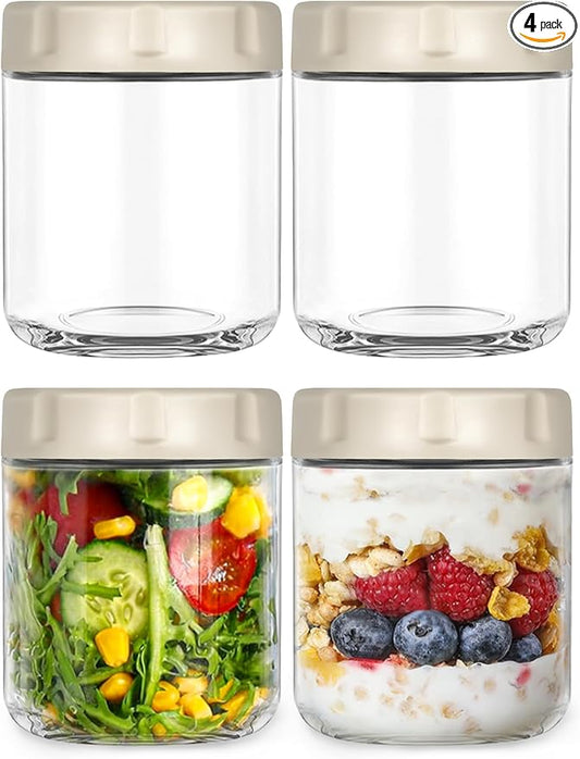 4 Pack Glass Overnight Oats Jars with Airtight Lid, 16OZ Wide Mouth Mason Jars, Leak Proof Glass Food Storage Containers for Yogurt, Oats, Chia Pudding, Snacks, Spice, Sugar