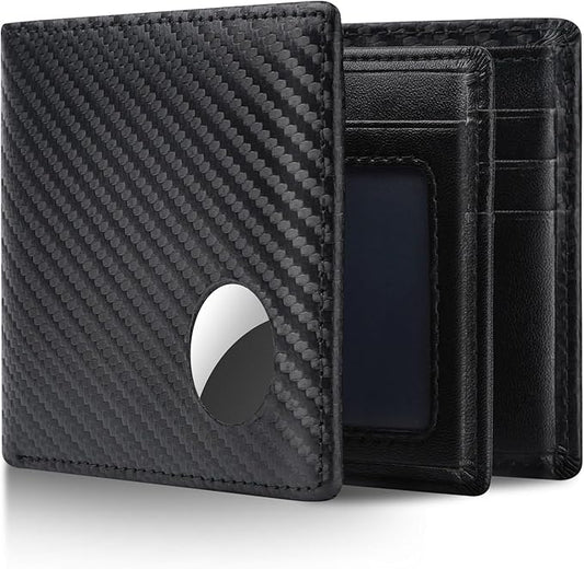 Swallowmall AirTag Wallet Mens RFID Blocking Genuine Leather Bifold Men's Wallet For air tag with 1 ID Window 13 Card Holders BlackStripe(Airtag Not included)
