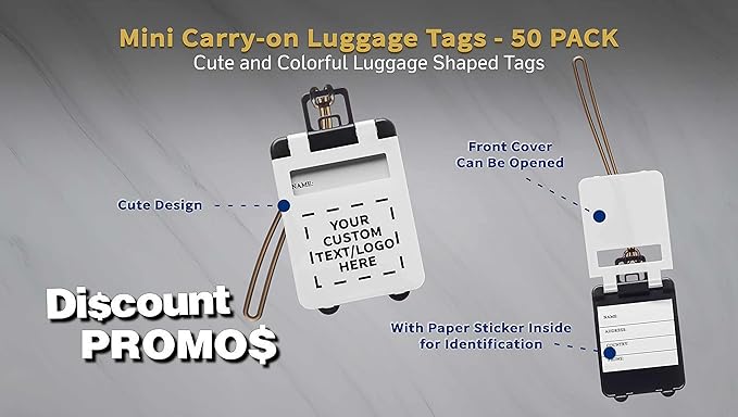50 Mini Carry-on Luggage Tags Pack - Customizable Text, Logo - Flip Open Cover, ID Sticker - White