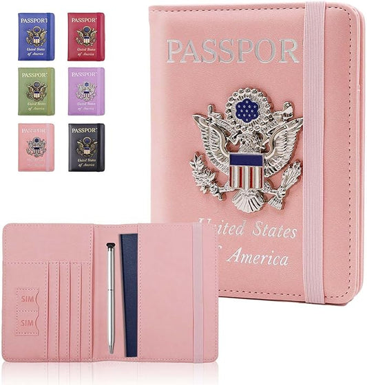 Cnycmy Passport Holder for Travel, Pu Leather Travel Wallet, RFID Blocking, Metal United States Coat of Arms, Waterproof cover for Family (Pink)