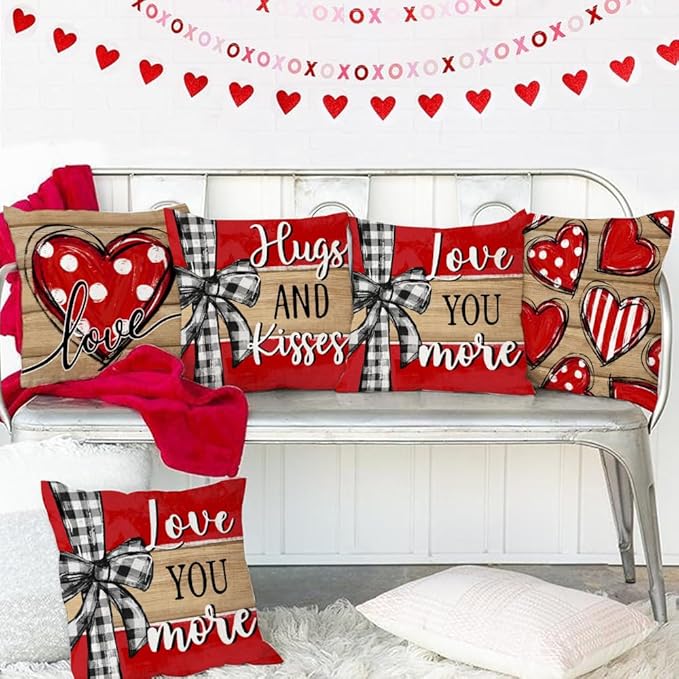 GEEORY Valentine's Day Love You More Hugs and Kisses Throw Pillow Covers 18x18 Inch Set of 4, Red Hearts Stripes Decorative Farmhouse Wedding Cushion Case for Home Decoration G652-18