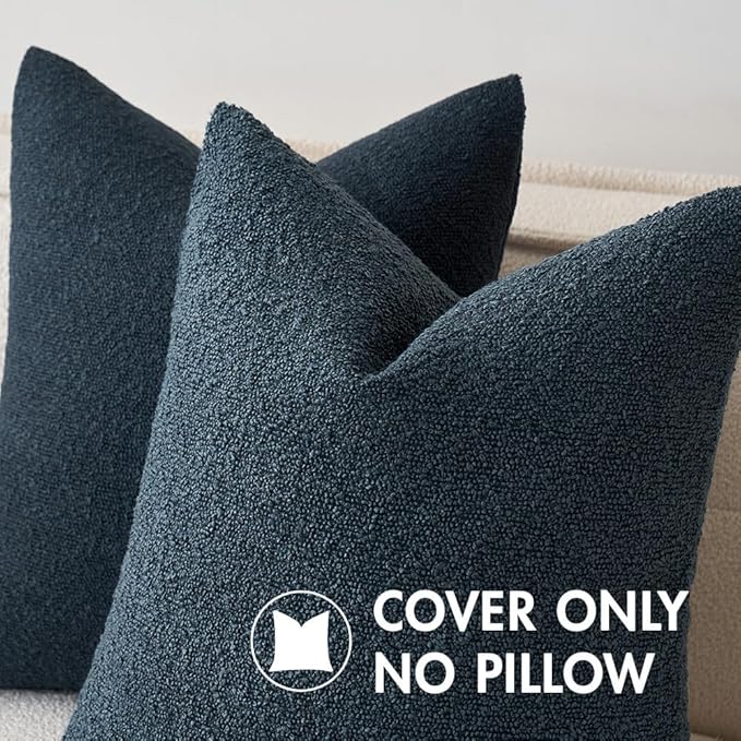 MIULEE 24x24 Decorative Euro Sham Throw Pillows for Bed Set of 2 Textured Boucle Neutral Winter Throw Pillow Covers Navy Blue Accent Solid Couch Pillowcases Sofa Livingroom Home Decor