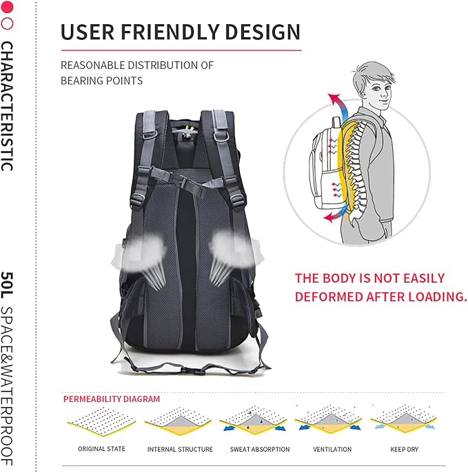 Bseash 50L Hiking Backpack, Water Resistant Lightweight Outdoor Sport Daypack Travel Bag for Camping Climbing Skiing Cycling (Red - No Shoe Compartment)