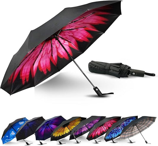 LLanxiry Compact Travel Umbrella, Automatic Open/Close Windproof Umbrella, 10 Fiberglass Ribs, 210T Pongee, UPF 50+ Sun/Rain, Lightweight Portable Umbrellas Travel Size with Carry Sleeve