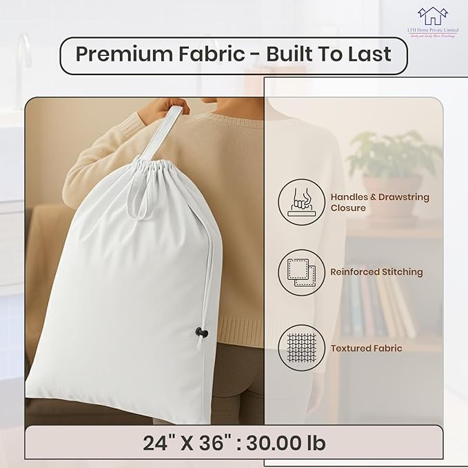 LFH Home Cotton Canvas Large Laundry Bag with Handle, Heavy Duty Drawstring Closure Washable Laundry Bags, School Travel, Home, Hotel, College Dorm, Organizer Sack, Toy Clothes 24x36 (Pack of 4)-White