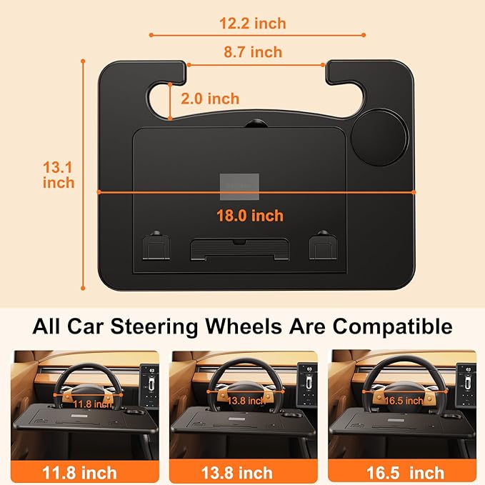 Fumcsy Angle Adjustable Car Steering Wheel Desk,3 in 1 Car Steering Wheel Tray,Car Laptop Mount | Car Reading Stand | Car Food Tray with Drinks Holder, Multipurpose Travel Car Accessories