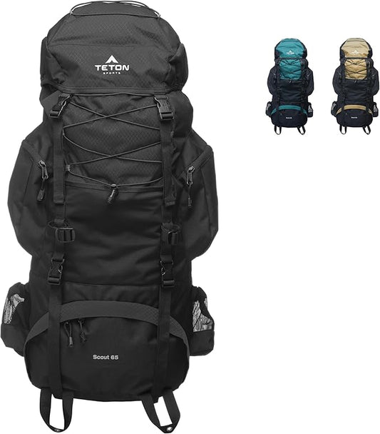 Teton 65L Scout Internal Frame Backpack for Hiking, Camping, Backpacking, Travel, Rain Cover Included, Black