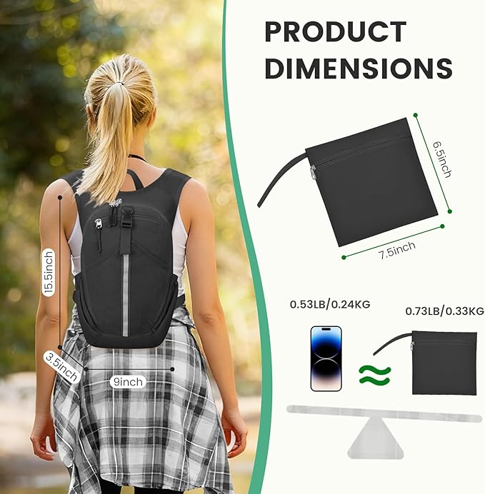 Small Hiking Backpack 10L - Lightweight Packable Foldable Backpack for Travel Camping Outdoor Commute, Compact Rucksack for Women Men(Black)