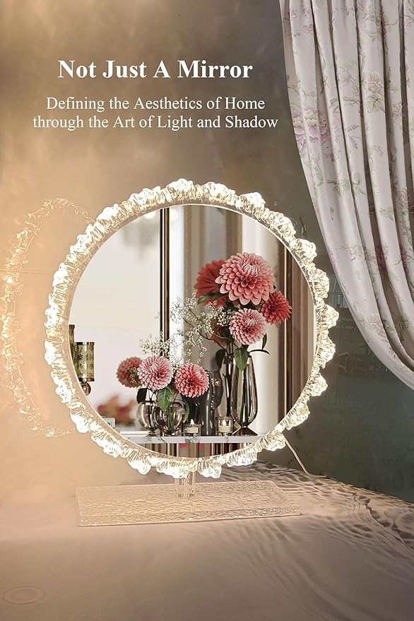 Crystal LED Vanity Mirror with Touch Control 3 Color Lights, Dimming 360° Rotation Desktop Elegant Decorative Hollywood HD Makeup Mirror(Tabletop Mirror-30cm)