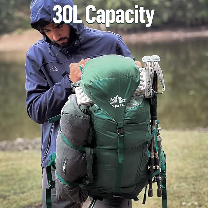 Night Cat Internal-frame Hiking Backpack: 30L Camping Backpack for Men Women Lightweight Waterproof Rain Cover Green