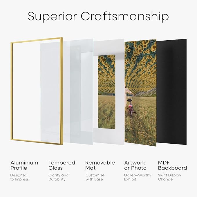 Homeforia 12x17 Picture Frame Gold, High End Metal 12x17 Poster Frames with Mat 10x15 Photo, 12 x 17 Gold Frame Matted to 10 by 15 Print, 17by12 Thin Hanging Frames, Tempered Glass, Wall Kit, Set of 2