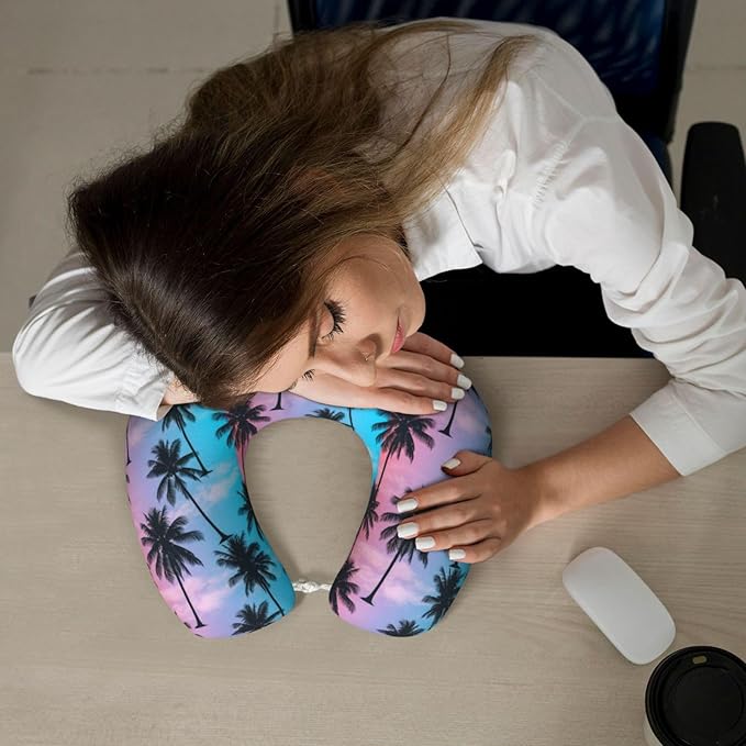 Travel Pillow Chin Neck Support, Comfortable Airplane Car Pillows for Rest, Memory Foam U Shaped Office Home Nap Sleeping Cushion Purple Sky Palm Trees