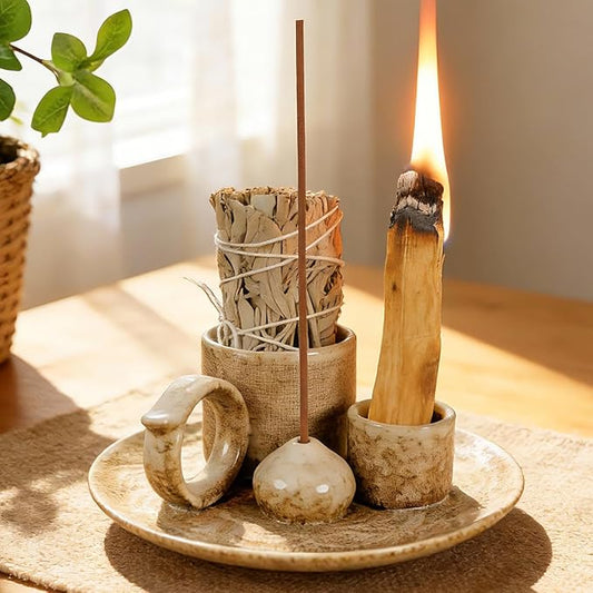 4.1-Inch 5-in-1 Ceramic Smudge Bowl-Versatile Incense Stick Holder and Smudging Dish for Palo Santo and Sage–Ideal for Zen Altar, Meditation,Yoga, and Aromatherapy–Easy to Clean Brown Design