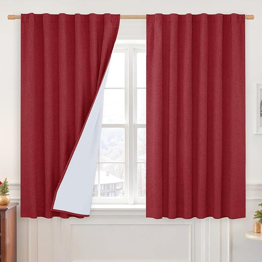 LAMIT Full Blackout Window Curtains for Baby Bedroom, 54 Inches Thermal Christmas Decor Panels Back Tab and Rod Pocket Privacy Protected Drapes with White Liner, 2 Panels, 52 x 54 Inch, Red