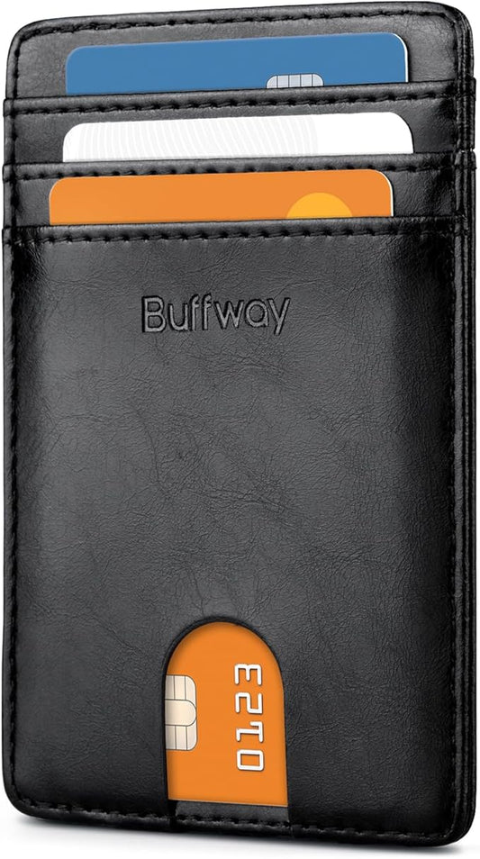 Buffway Mens Slim Wallet, Minimalist Thin Front Pocket Leather Credit Card Holder with RFID Blocking for Work Travel | Minimalist, Thin, Front Pocket, Credit Card Holder, RFID Blocking, for Work Travel