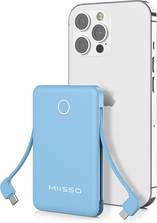 6000mah Ultra Slim Built in Cables Power Bank, Card Size Built in USB C Cords Battery Pack Portable Charger for Phones, 3 Output External Battery Pack Compatible with iPhone, Blue
