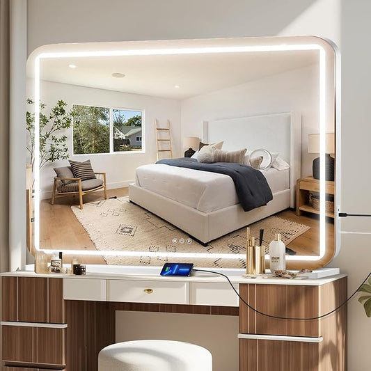 48" x 30" Vanity Mirror with Lights, Led Makeup Mirror, Lighted Makeup Mirror with 3 Color Dimmable Lights, Smart Touch Screen Control, Aluminum Metal Frame,USB Charging Port