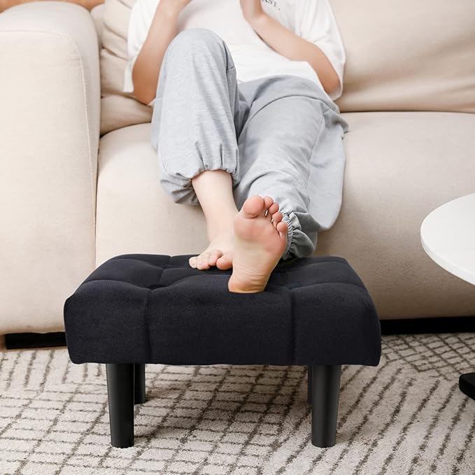 HOUCHICS Small Footstool Ottoman,Velvet Soft Footrest Ottoman with Wood Legs,Sofa Footrest Extra Seating for Living Room Entryway Office(Black 1PACK)