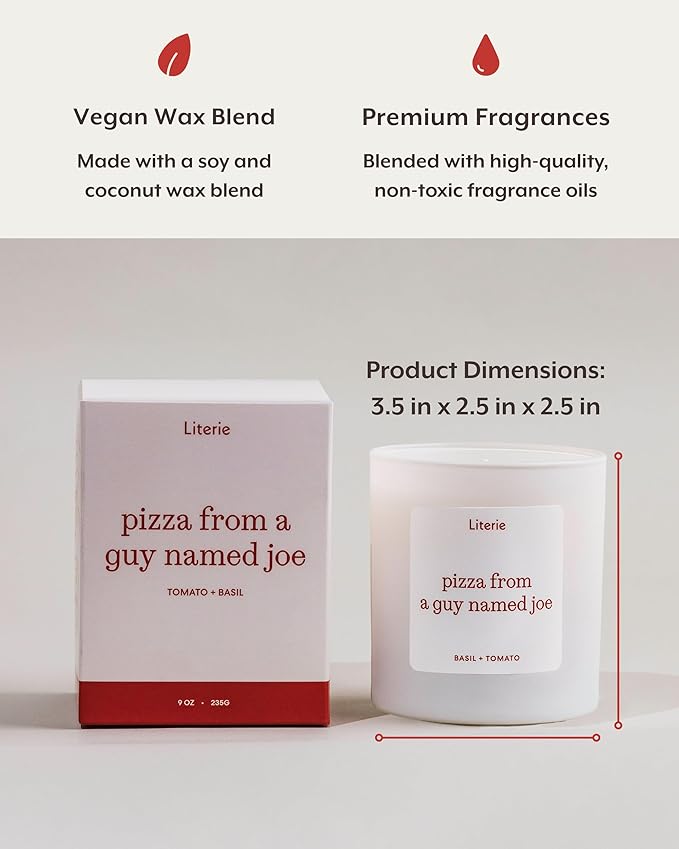 Literie NYC Inspired Scented Candle: Pizza from a Guy Named Joe - Tomato & Basil Scent, 9oz, 50 Hour Burn, Vegan Soy & Coconut Blend Candle for Home Decor, Gift for Women & Men