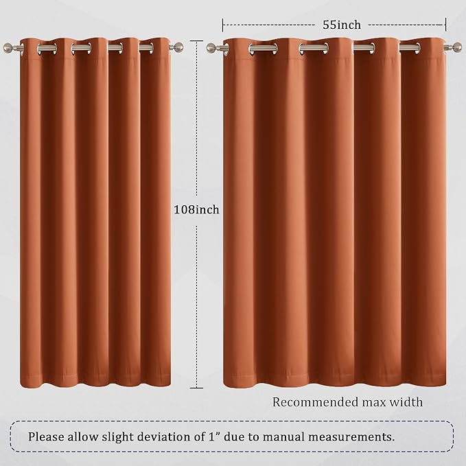 DUALIFE Rust Blackout Curtain for Living Room 108 Inches Long Burnt Orange Solid Curtains for Bedroom Thermal Insulated Grommet Window Treatment Panels Large Windows 60x108 Inch Length