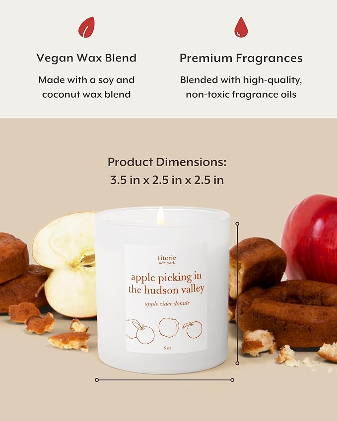 Literie NYC Inspired Scented Candle: Apple Picking in The Hudson Valley - Apple Cider Donuts Scented, 9oz, 50 Hour Burn, Vegan Soy & Coconut Blend Candle for Home Decor, Gift for Women & Men