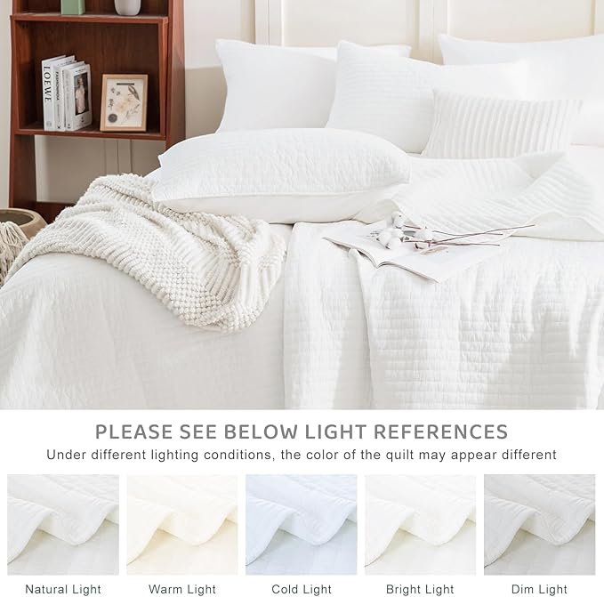 Sanracie Stonewashed Oversized King Quilt(120"x120"), Cotton Milk White California King Quilt Coverlet Sets 3Pcs Ultra Soft Crinkle Cross Stitch Bedspreads Sets for All Season