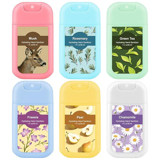 6 Pack Cute Hand Sanitizer Spray Scented Travel Size Hydrating Hand Sanitizers Power Mist Pocket Portable Refillable for Travel Outdoor Activity Gym Friends Colleague Holiday Gifts