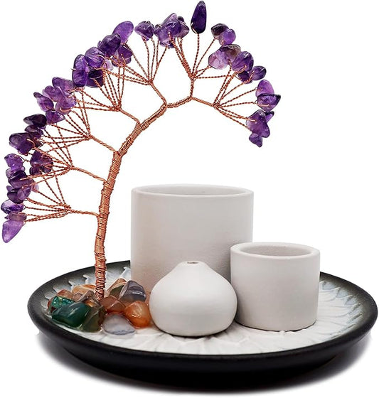 5 in 1 Incense Burner Holder with Crystal Tree for Burning Palo Santo Stick, Sage, Incense Sticks, Candle, Ceramic Tray Ash Catcher, Meditation Gift (Purple)