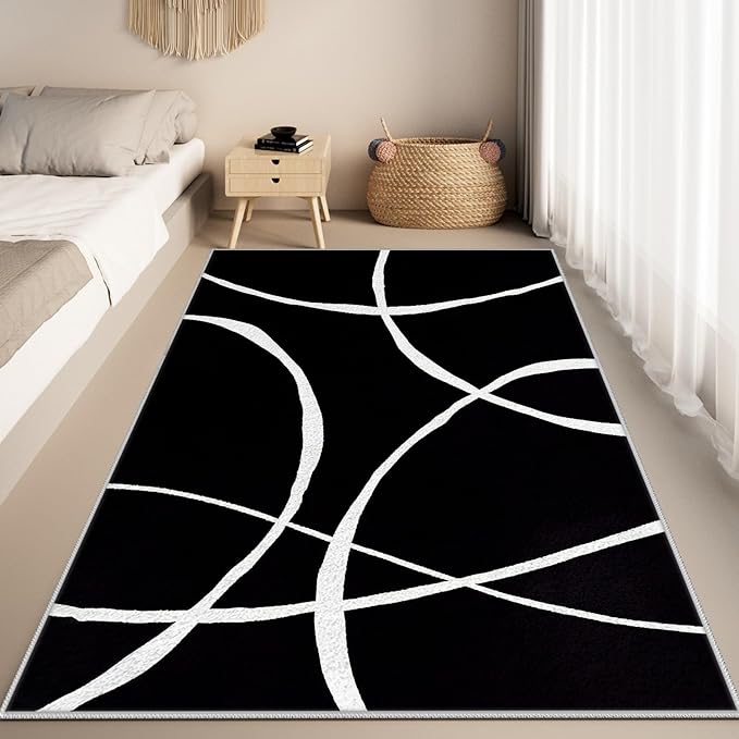Black and White Rugs, Abstract Rug, Modern Minimalist Rug, Curved Line Design Carpet, Black and White Abstract Rugs Washable Non Slip for Living Room Home Decor 4x5